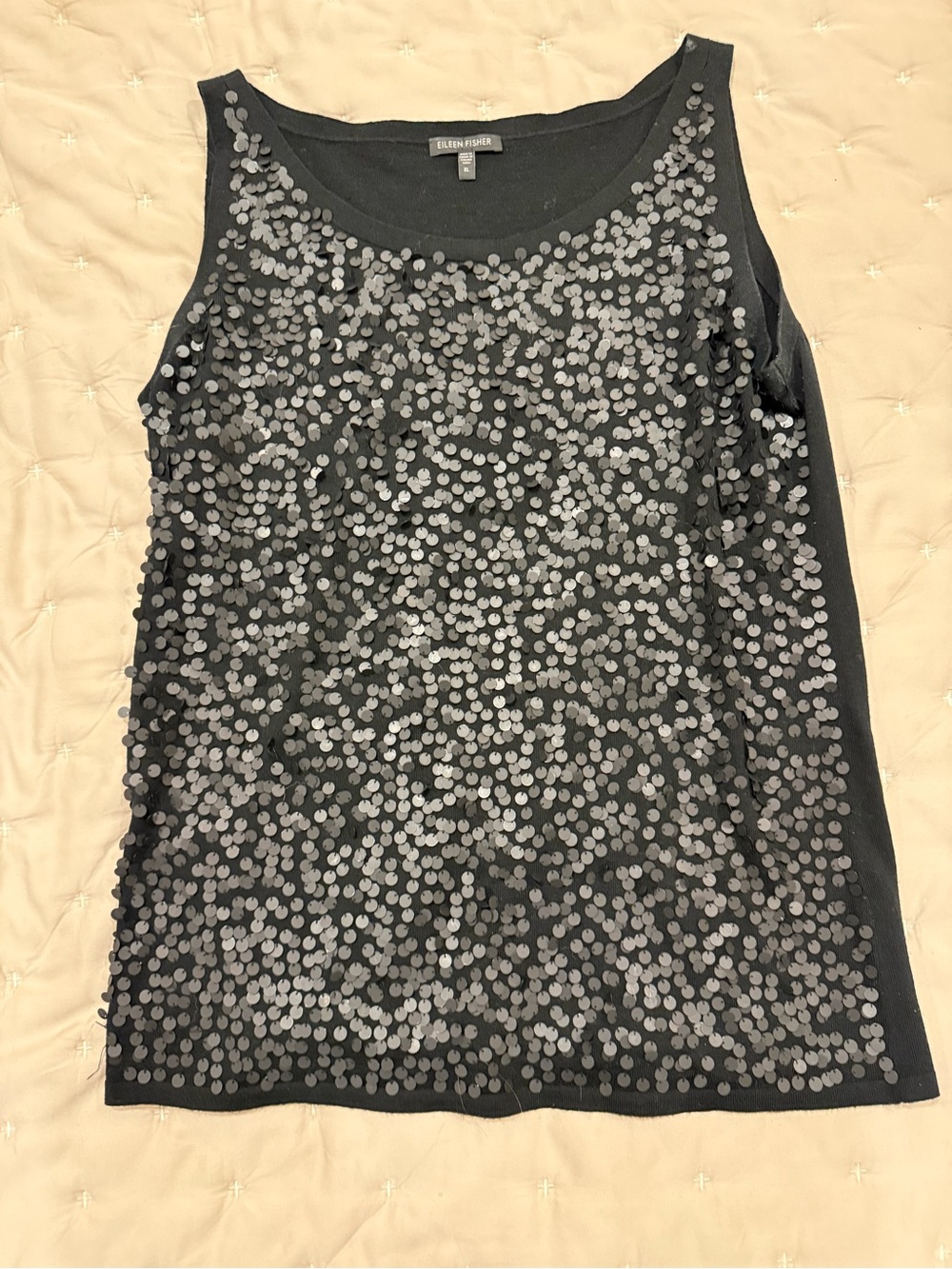 Vintage Eileen Fisher 100% Merino Wool Black Matte Sequin Tank Top – XL